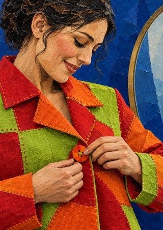 Smiling dark-haired woman fastening an oversized orange button on a scarlet, orange, and lime patchwork jacket against cobalt blue.