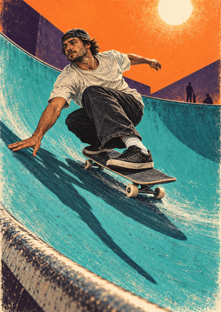Adult skateboarder in a white shirt and dark trousers carving across a turquoise concrete bowl beneath a large orange sun, with two distant skaters.
