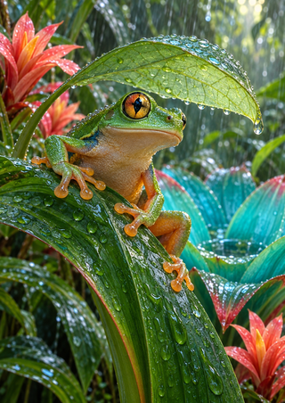 Green tree frog with an amber eye and orange toe pads crouched on a wet leaf beneath a broad leaf canopy, with tropical foliage and coral blossoms.