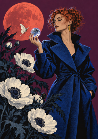 Adult woman with copper curls in a cobalt coat studying a luminous orb, with a pale moth, white anemones, dark foliage, and a coral-red moon.