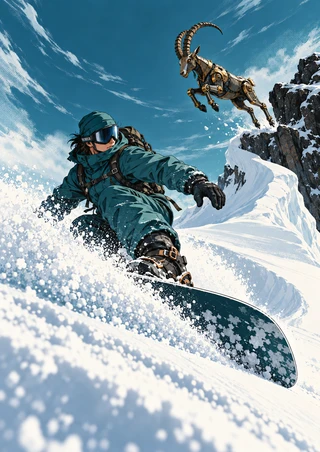 Teal-clad snowboarder carving through snow beneath a small copper-highlighted mechanical ibex against a cyan sky and rocky ridge.