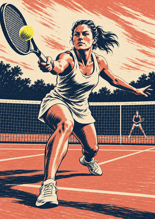 Adult woman tennis player lunging with a racket toward a yellow ball, with a net and distant opponent in a navy, cream and salmon graphic scene.