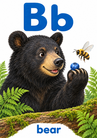 Educational poster showing a black bear balancing a blue berry on its paw, a bee nearby, large B and b letters above, and “bear” below.