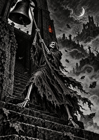 Hooded skeletal bellringer pulling a rope beneath a large bell in a ruined tower, with stone steps, fog, leaves, moon, and a small red window.