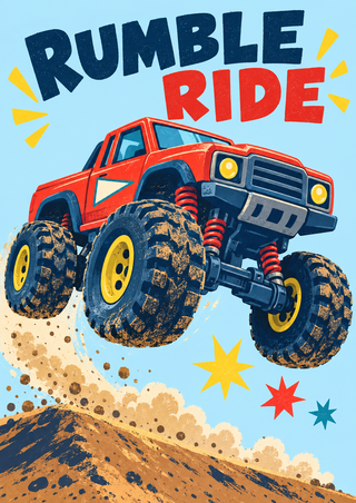 Red toy off-road pickup with oversized tires leaping over a dirt mound beneath the words RUMBLE RIDE on a pale blue background.