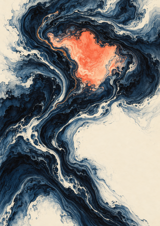 Blue-black marbled ink currents loop around a coral opening on warm ivory, with pale veins and a subtle copper-colored line.