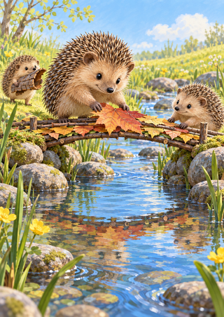 Three hedgehogs build an arched leaf-and-twig bridge over a shallow stream between rocky banks, with reeds and yellow flowers.