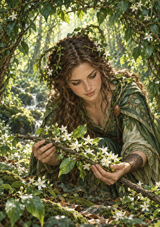A woman in leafy green clothing kneels in a woodland, holding a branch of white star-shaped blossoms beneath an arch of foliage.