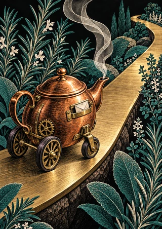 Copper teapot transformed into a three-wheeled clockwork vehicle on a winding brass-colored path through a dark herb garden.