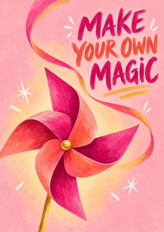 Pink and coral paper pinwheel with a gold center beside the phrase MAKE YOUR OWN MAGIC on a blush background.