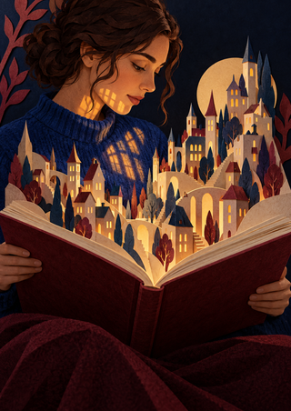 Adult woman in a cobalt sweater reading an open book beneath a glowing city of towers and amber-lit windows.