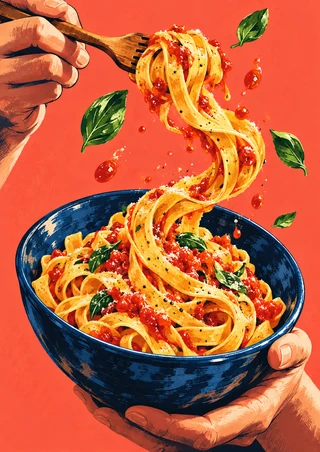 A wooden fork lifts a glossy ribbon of tagliatelle above a deep blue bowl, with basil leaves and tomato-sauce droplets against coral.