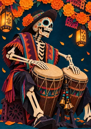 A skeleton in a broad-brimmed hat and colorful poncho plays two drums beneath orange paper flowers and lanterns.