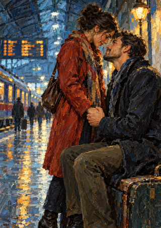 Two adults clasp hands and lean close beside a train on a reflective platform, rendered in textured cobalt, turquoise, orange, and gold strokes.