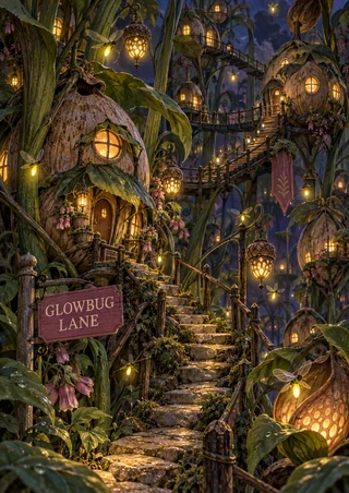 A miniature night village with glowing pod homes, leafy stems, stone steps, bridges, small flying lights and a rose-colored Glowbug Lane sign.