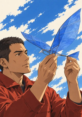 An adult-presenting dark-haired man in a red jacket holds a blue wire-framed bird-shaped glider against a bright clouded sky.