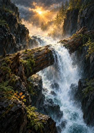 Fallen tree trunk spanning a rocky gorge above a foaming waterfall and mist, framed by dark cliffs and warm sunlight breaking through clouds.