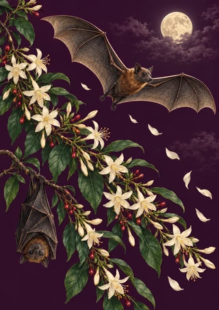 One bat flies above a second bat hanging upside down among ivory jasmine flowers and green leaves against a deep-plum moonlit sky.