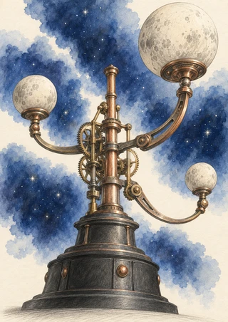 An imaginary orrery with three moon-like spheres on curved arms around a copper shaft and dark pedestal, set against a starry blue background.