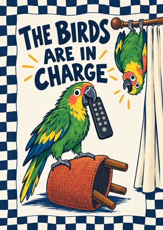 Two colorful parrots in a family-room scene: one holds a remote on a tipped footstool while another hangs upside down from a curtain rod.