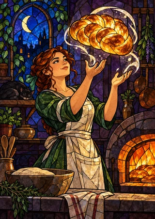 Apron-wearing baker witch raising both hands beneath a glowing braided loaf in a jewel-toned kitchen with an oven and dough bowl.