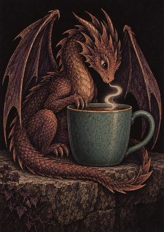 Copper-toned dragon with folded wings and a looping tail curled beside a teal cup on a stone ledge, with a pale curl above.