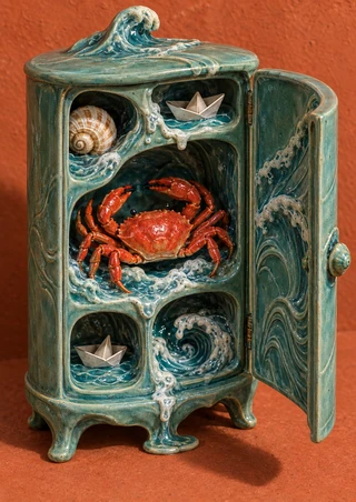 Open sea-green cabinet with a red crab in its central compartment, miniature pools, a shell, paper boats, and sculpted water against terracotta.