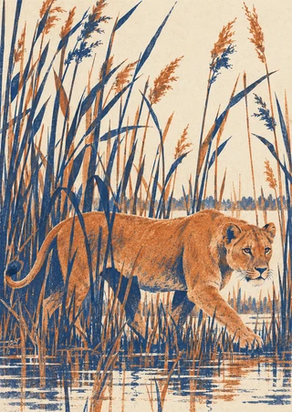 Tawny lioness walking among angular blue and rust reeds above reflective water on a warm ivory background.