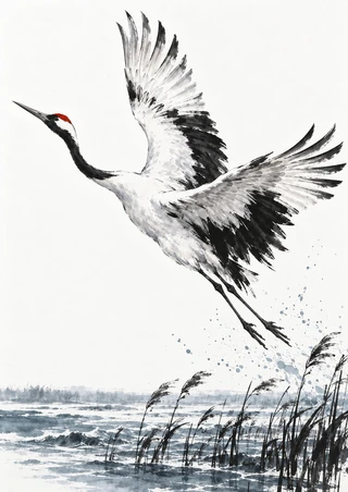 Red-crowned crane with spread wings and trailing legs flying above reeds and blue-gray marsh water on a pale background.