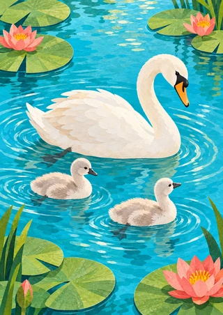 White adult swan swimming with two pale cygnets in turquoise pond water, surrounded by green lily pads and coral-pink flowers.