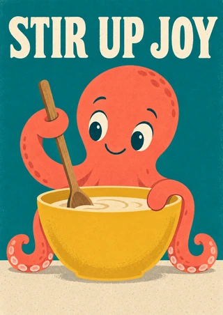 Coral cartoon octopus stirring a yellow bowl with a wooden spoon beneath cream “STIR UP JOY” lettering on teal.