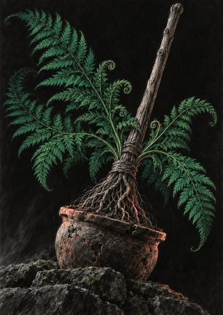 Wooden broom rooted in a cracked pot, with green fern fronds unfurling around its handle and binding.