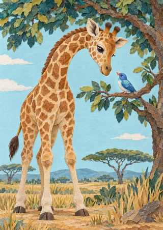 Young golden-ochre giraffe lowering its head toward a small blue bird perched on a branch beneath leafy canopy, with savanna grasses and distant hills