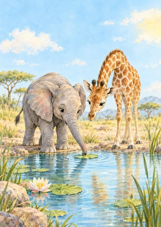 A young elephant touches a lily pad as a giraffe bends toward it beside a pond with reeds, rocks, and cloudy blue sky.