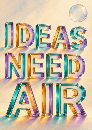 The words IDEAS NEED AIR appear in three stacked lines of hollow teal, amber, and violet glass-style capitals, with an iridescent bubble.