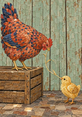 Mosaic-style hen on a wooden crate faces a yellow chick beneath a curling stem, against a tiled wall and floor.