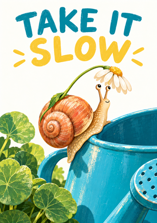 A smiling snail climbs a blue watering can beneath a daisy, clover leaves and the words TAKE IT SLOW.