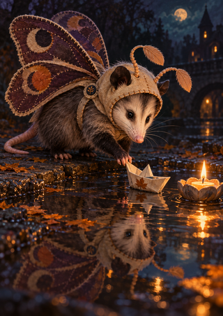 A small animal in a stitched moth costume touches a paper boat beside a floating candle, with reflections across a dark puddle.