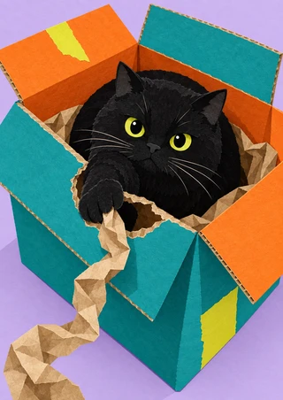 Round black cat sitting in a teal and orange cardboard box, reaching for a dangling strip of packing paper against a pale lilac background.