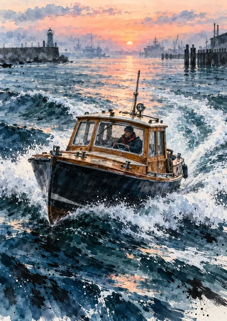 Wooden cabin launch carrying one operator through foaming harbor water at dawn, with a lighthouse on the horizon.