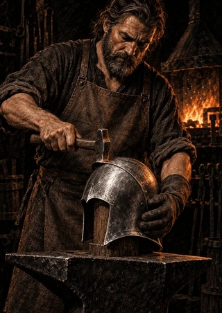 Bearded adult armorer in an apron shaping a polished helmet with a hammer beside an anvil and glowing forge.