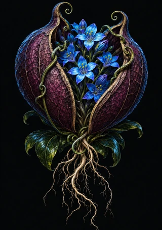 Decorative plum-colored split seedpod framing vivid blue flowers, with curling tendrils, glossy leaves, and pale roots on a near-black background