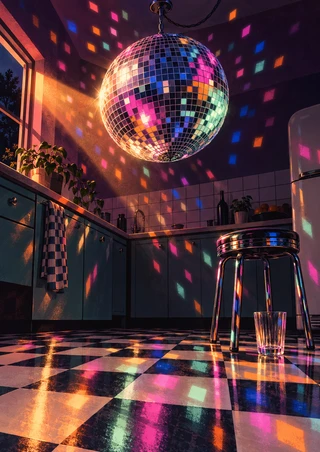 Mirrored disco ball hanging over a colorful dark kitchen, scattering light across cabinets, a checkerboard floor, chrome stool, and empty glass.