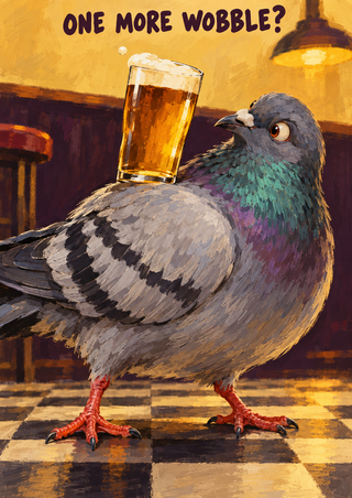 Gray pigeon with iridescent teal-violet neck feathers balancing an amber pint glass on its back in a warmly lit pub, beneath the words “ONE MORE WOBBLE?”
