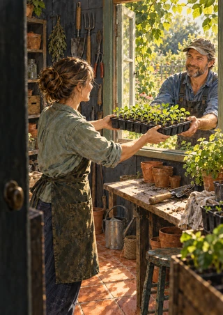 Two adult gardeners exchange a seedling tray through an open shed window, with tools, pots, a watering can, and green foliage around them.