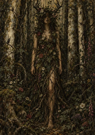 Woodland woman partly concealed by a leafy covering and wildflowers among pale tree trunks, thorny branches and deep green-brown shadows.