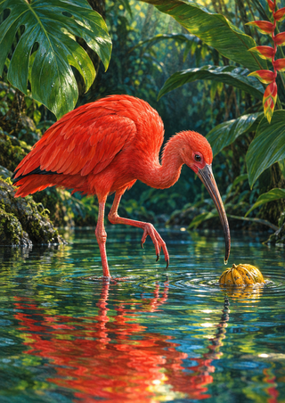 Scarlet-red ibis leaning toward a small golden floating object above reflective tropical pool water, framed by broad green leaves.