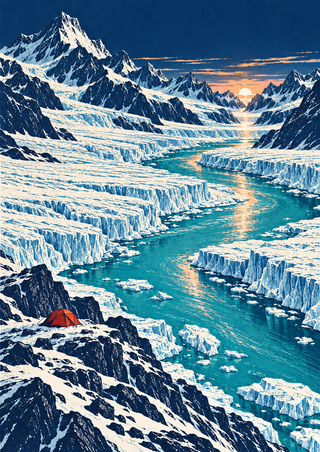 Stylized glacial basin with a turquoise meltwater channel winding between jagged icy peaks, a small red tent on a rocky ledge, and warm light on the horizon.