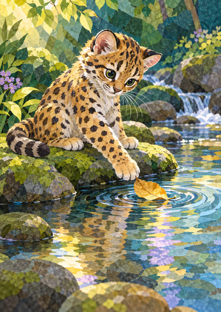 A golden spotted wildcat crouches on a mossy rock beside blue water, reaching toward a yellow leaf in circular ripples.
