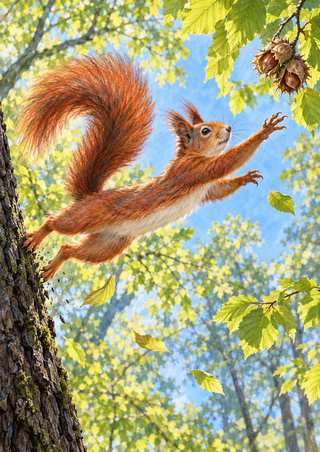 A red squirrel leaps from a dark tree trunk toward a hanging cluster of husked nuts amid bright green spring leaves and blue sky.